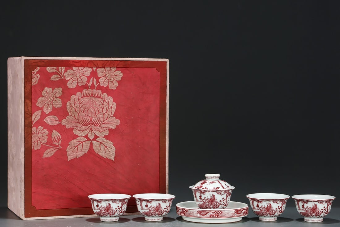 A Set of Exquisite Underglaze-Red Character and Story Pattern Cups: A Set of Exquisite Underglaze-Red Character and Story Pattern Cups,Qing Dynasty, China,Size:3.9inx6.5in 一套釉里红人物故事纹杯,中