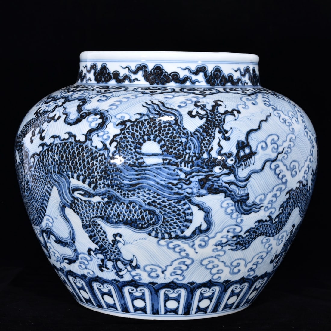 A Rare Blue and White Seawater,Auspicious Cloud and Dragon Pattern Jar: A Rare Blue and White Seawater,Auspicious Cloud and Dragon Pattern Jar,Ming Dynasty, China,Xuande Four-character Mark,Size:11.8inx14.2in 
