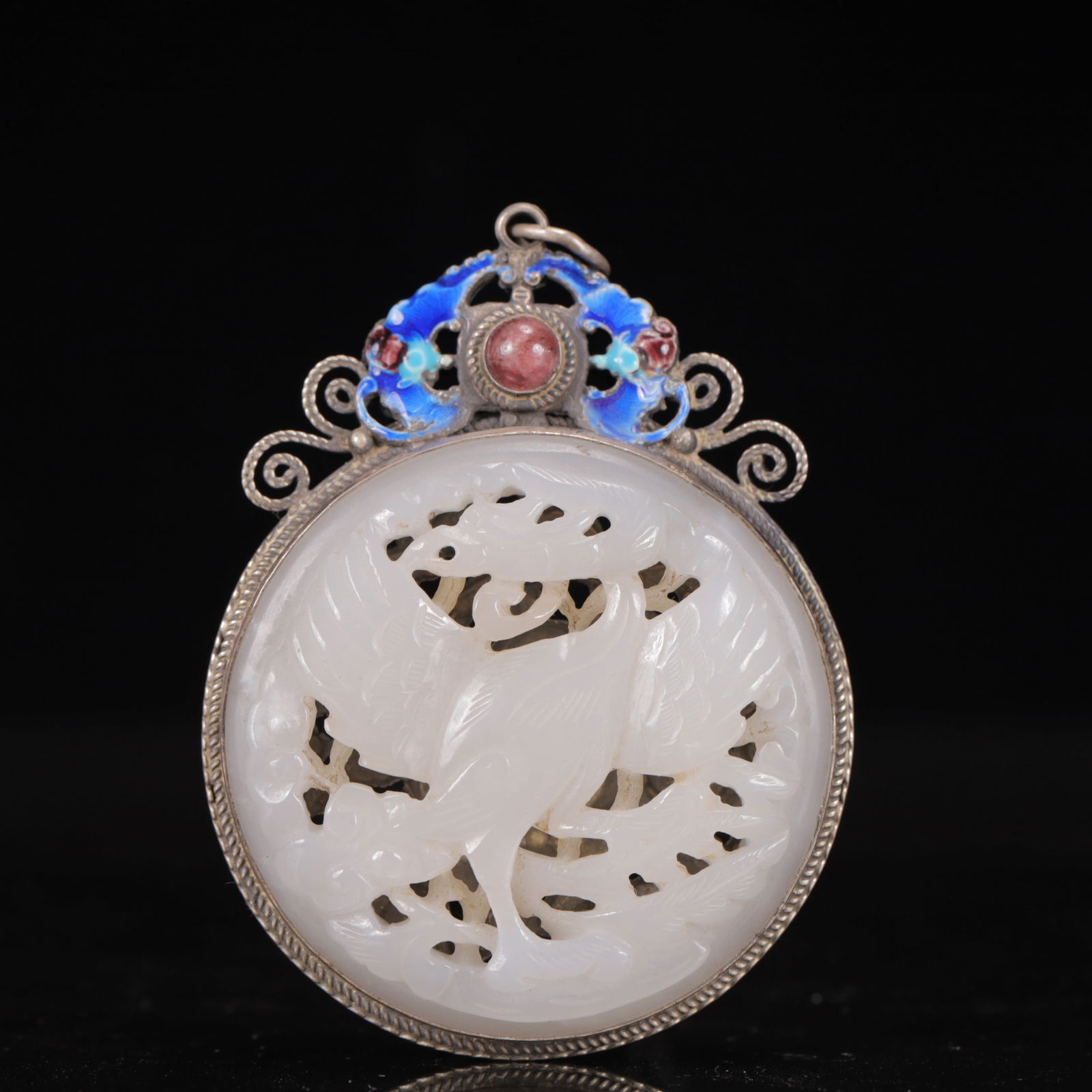 An Exquisite Silver Inlaid White Jade Crane Pendant,Inlaid Gems (1 of 4)