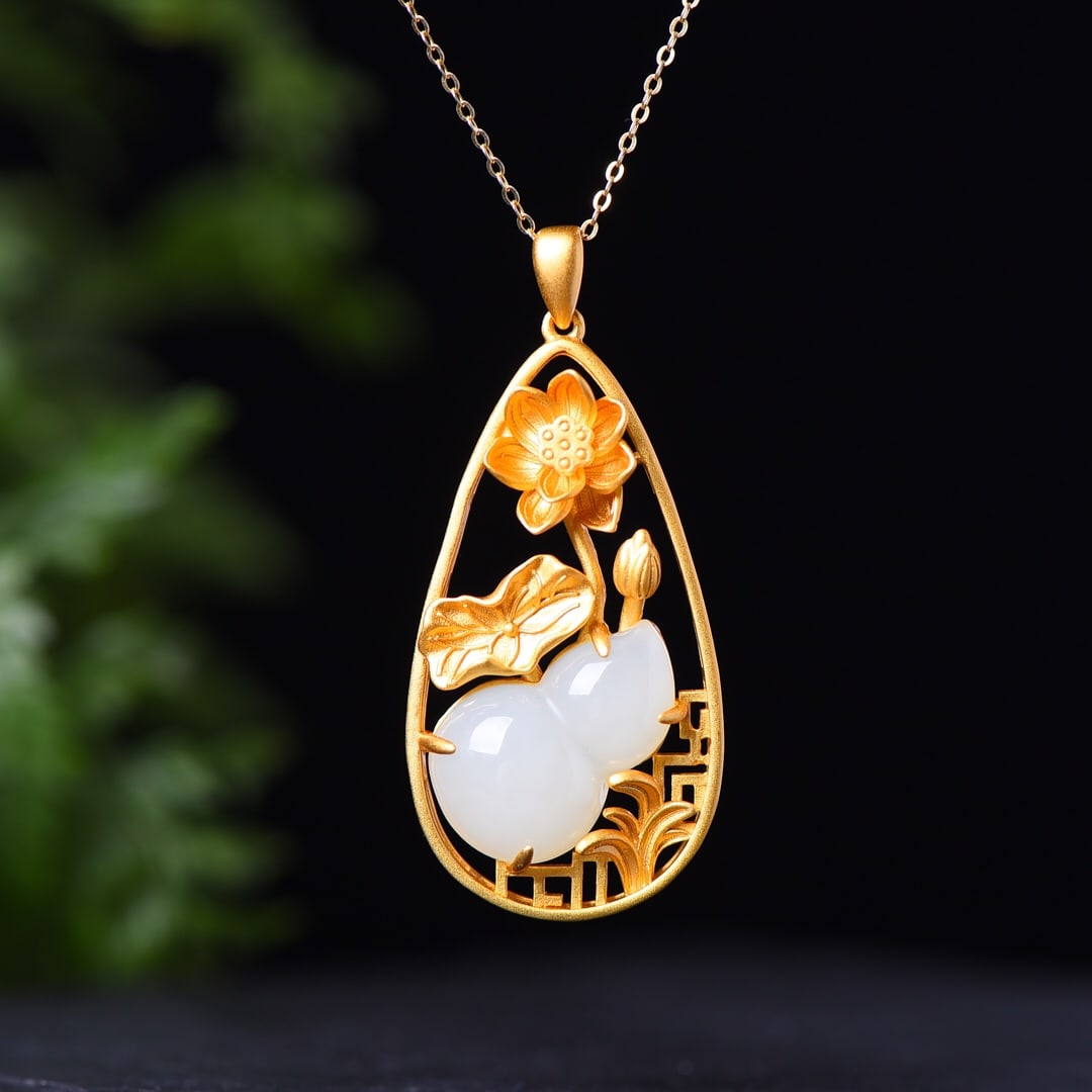 A Set of Fine Sterling Silver-Gold Plated Inlaid White Jade Jewelrys: A Set of Fine Sterling Silver-Gold Plated Inlaid White Jade Jewelrys,Size:(Pendant)13mmx20mm,(Earrings)8mmx26mm,(Ring)10mmx14mm 