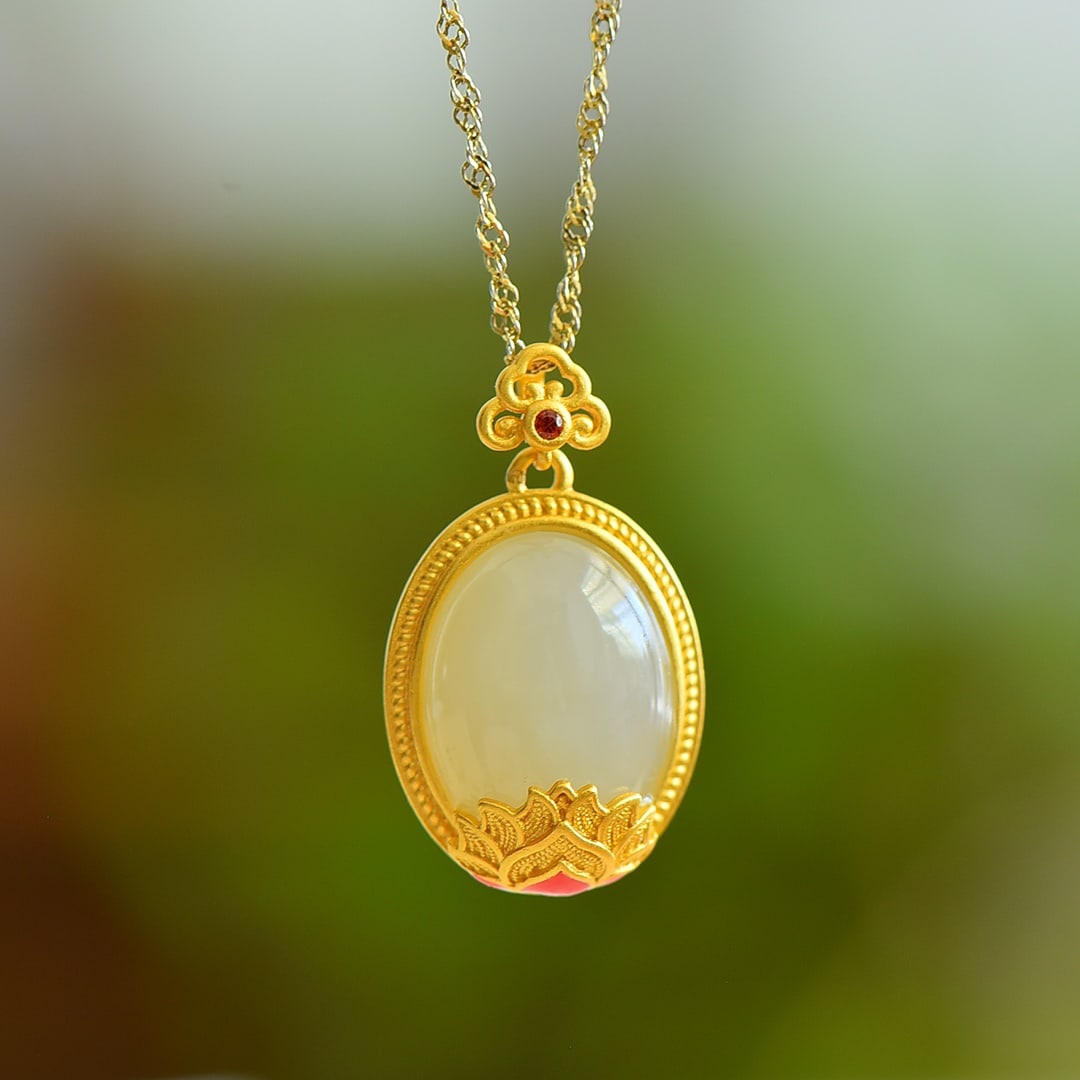 An Exquisite Sterling Silver-Gold Plated Inlaid White Jade Enamel Pendant (1 of 5)