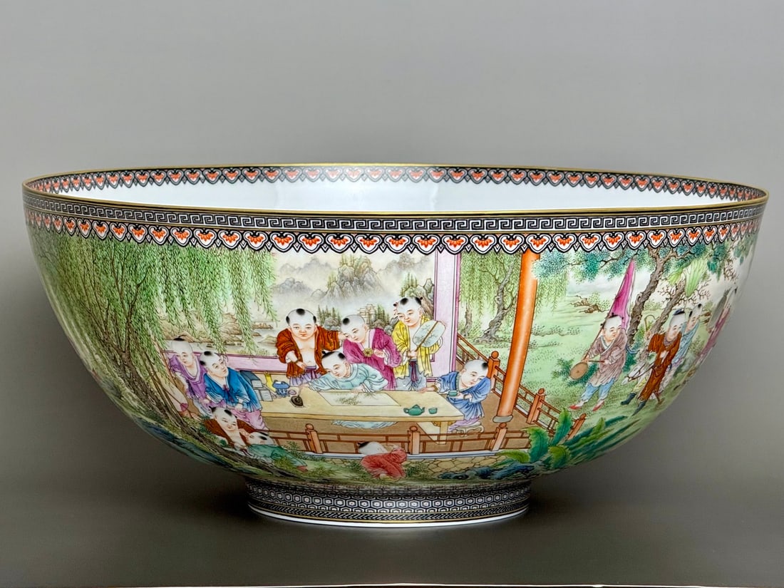 An Exquisite Ink Color Painted Gold Character and Story Pattern Bowl: An Exquisite Ink Color Painted Gold Character and Story Pattern Bowl,Qing Dynasty,China,Qianlong Four-character Mark,Size:14.4inx6.3in 