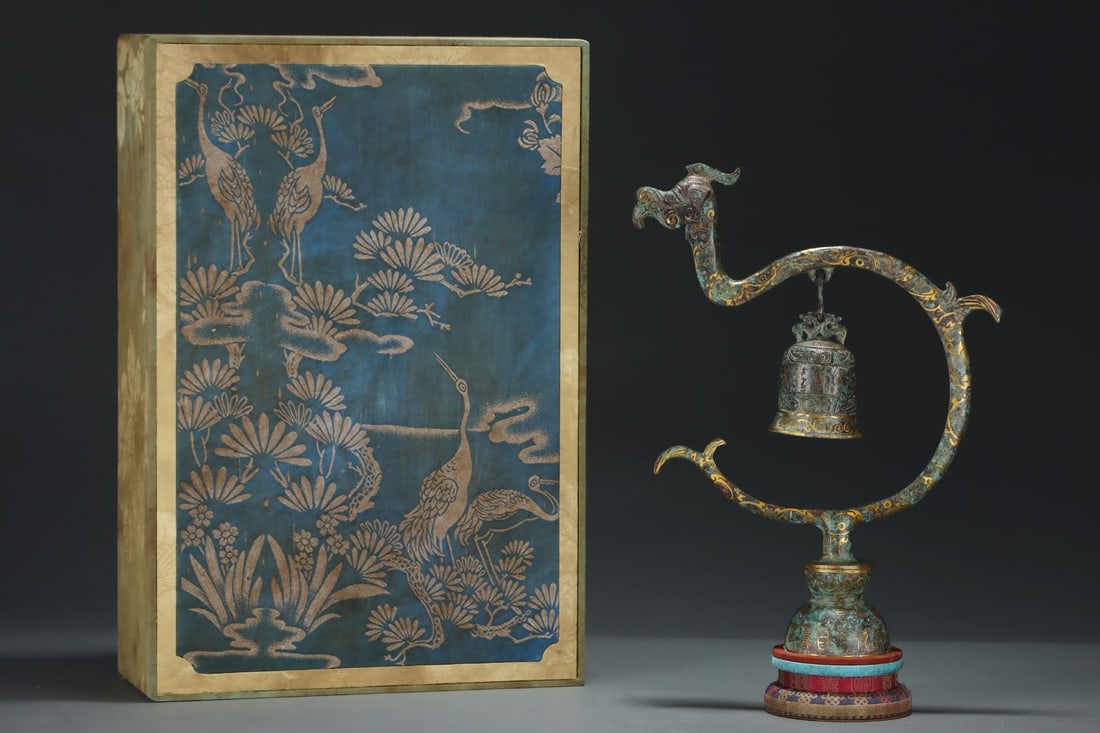 An Exquisite Bronze Inlaid Gold Dragon Pattern Ornament,with Inscription: An Exquisite Bronze Inlaid Gold Dragon Pattern Ornament,with Inscription,Size:15.4inx11.6in,Qing Dynasty,China 