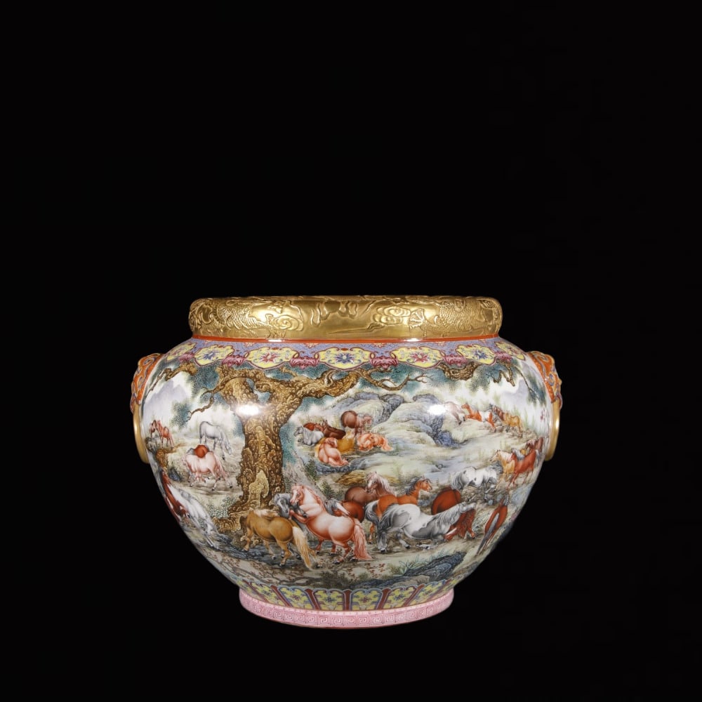 An Exquisite Enamel Pine and Horse Pattern Lion-Ears Vat: An Exquisite Enamel Pine and Horse Pattern Lion-Ears Vat,Qing Dynasty,China,Qianlong Four-character Mark,Size:12.6inx12.4in 珐琅彩松马纹狮耳缸,