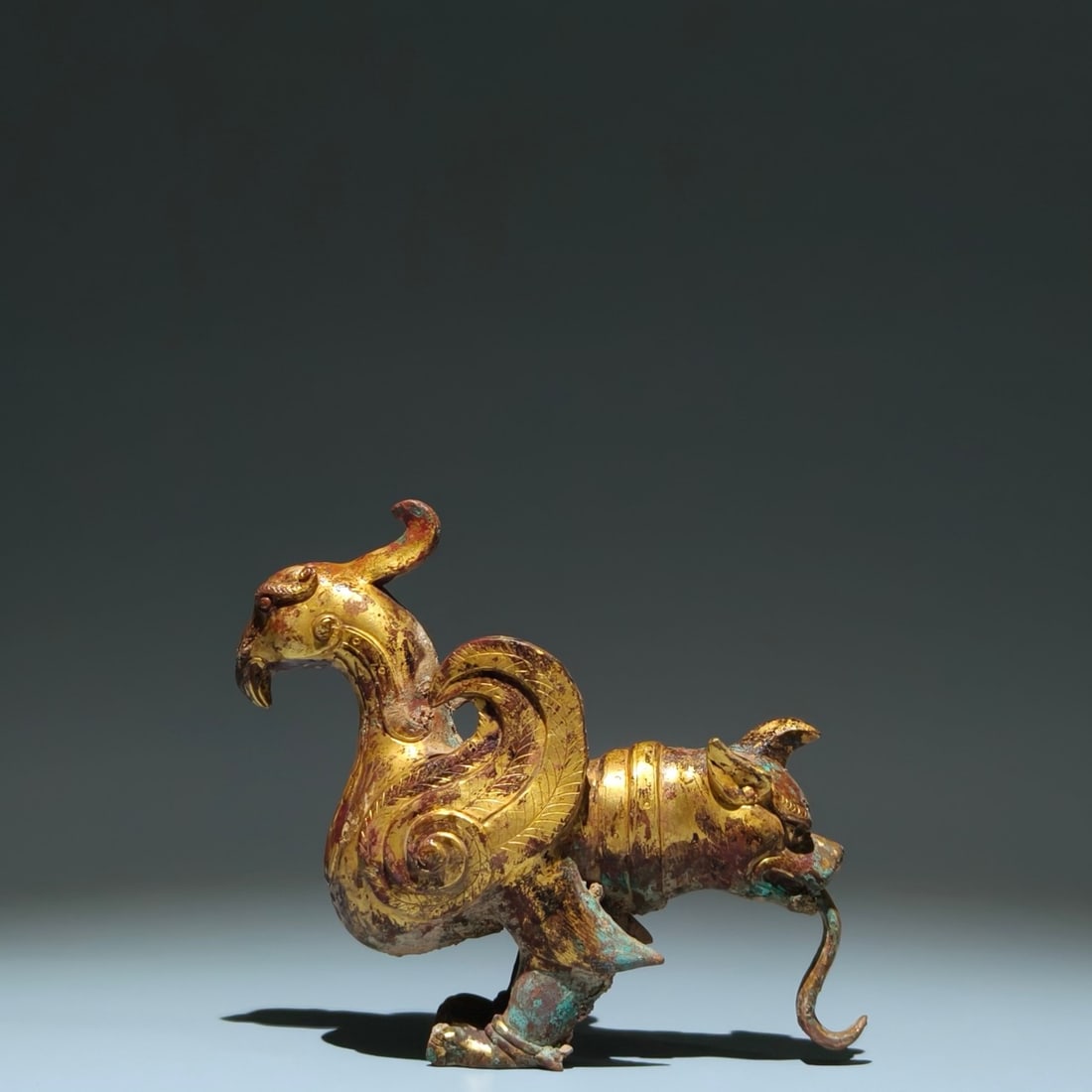 A Rare Gilt Bronze Bird Ornament: A Rare Gilt Bronze Bird Ornament,Han Dynasty, China,Size:5.9inx6.3inx2.6in 铜鎏金鸟摆件,中国汉代