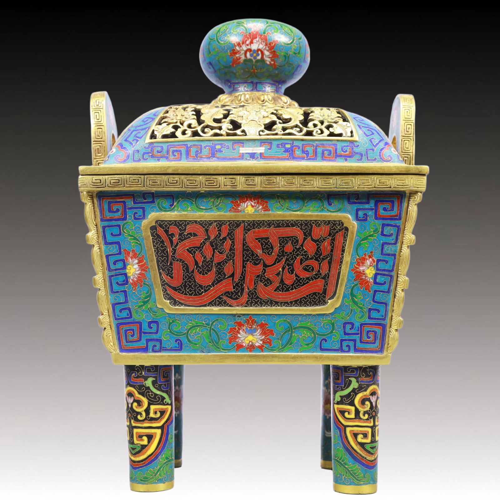 A Monumental Cloisonne Lotus Pattern Double-Ears Censer,With Arabic: A Monumental Cloisonne Lotus Pattern Double-Ears Censer,With Arabic,Qing Dynasty, China,Qianlong Four-character Mark,Size:10.2inx8.1inx14.6in Weight:12300g 