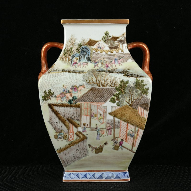 An Exquisite Enamel Painted Gold Figure and Story Pattern Double-Ears Vase: An Exquisite Enamel Painted Gold Figure and Story Pattern Double-Ears Vase,Qing Dynasty,China,Qianlong Six-Character Mark,Size:11.2inx7.9inx6.1in 