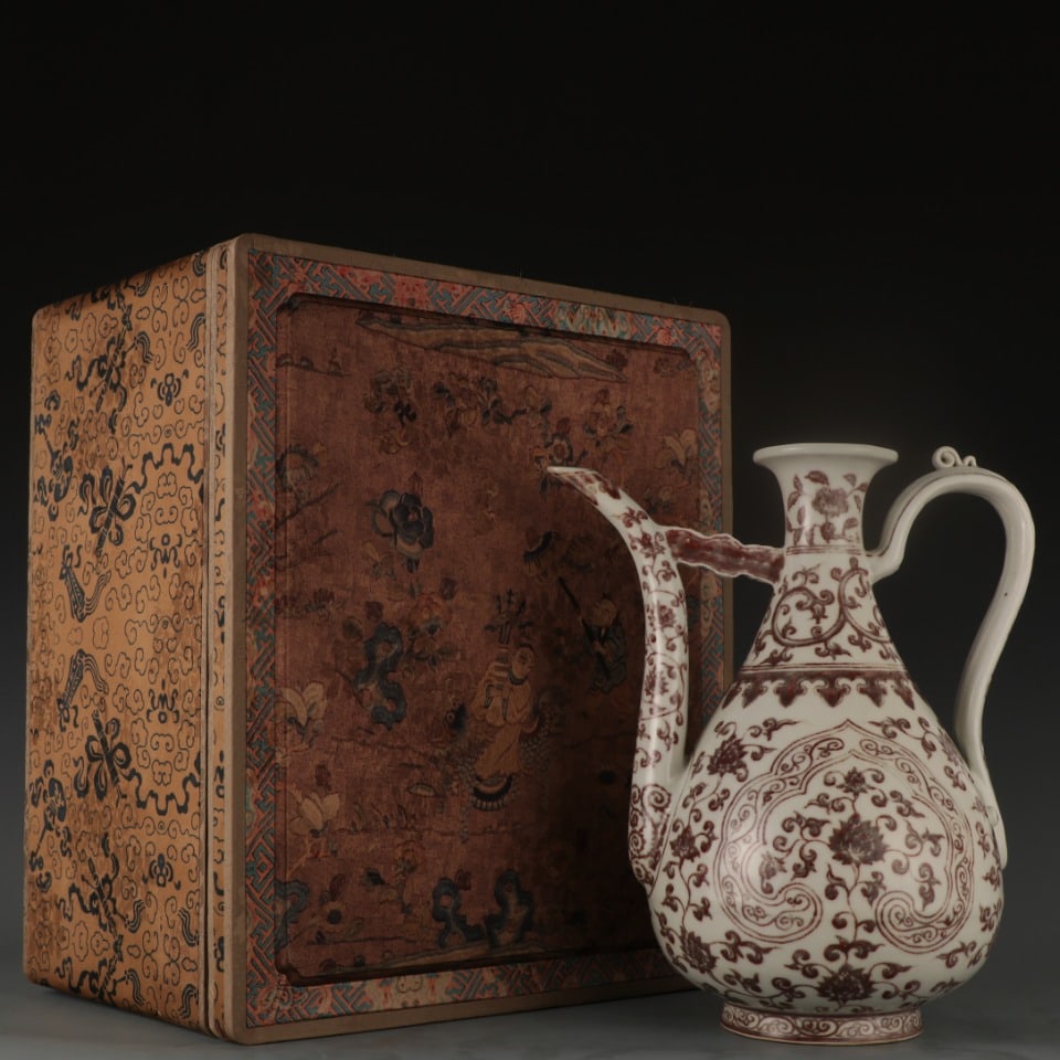 A Rare Underglaze-Red Lotus Pattern Ewer: A Rare Underglaze-Red Lotus Pattern Ewer,Ming Dynasty,China,Size:14.6inx4.1in 釉里红缠枝莲纹执壶,中国明代