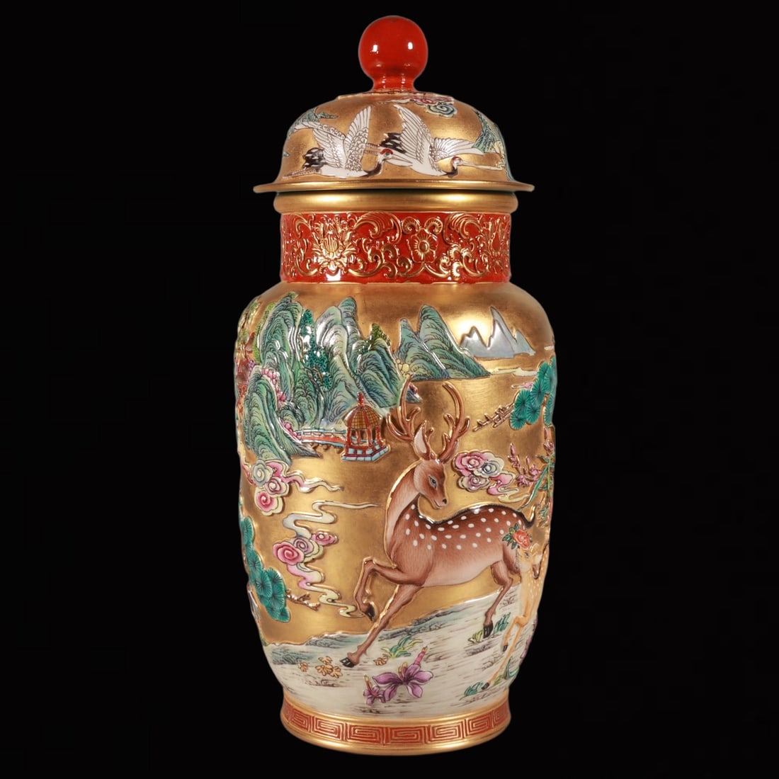 An Exquisite Enamel Gold Ground Pine and Deer Pattern Tea Caddy: An Exquisite Enamel Gold Ground Pine and Deer Pattern Tea Caddy,Qing Dynasty, China,Qianlong Six-character Mark,Size:10.2inx4.7in 