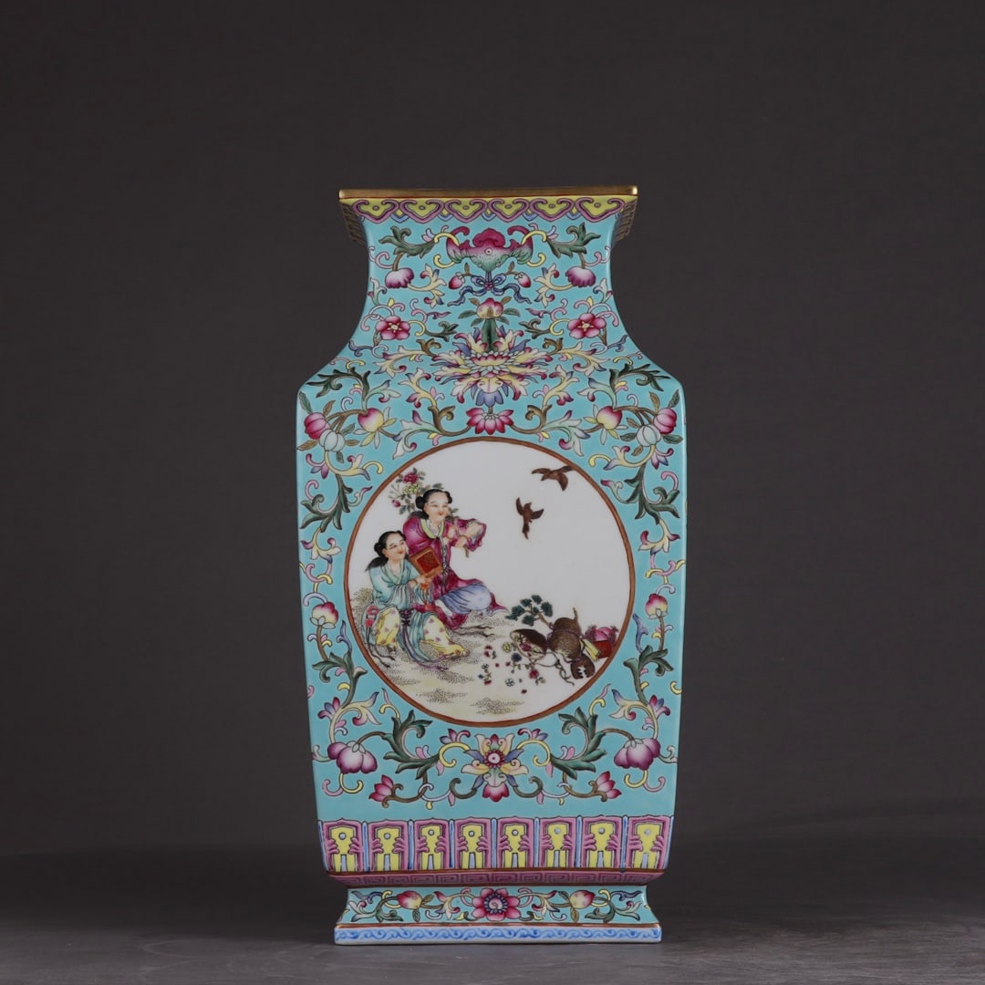 An Exquisite Turquoise Glazed Famille-Rose Character and Story Pattern Vase: An Exquisite Turquoise Glazed Famille-Rose Character and Story Pattern Vase,Qing Dynasty,China,Yongzheng Four-character Mark,Size:11.8inx6.1in 