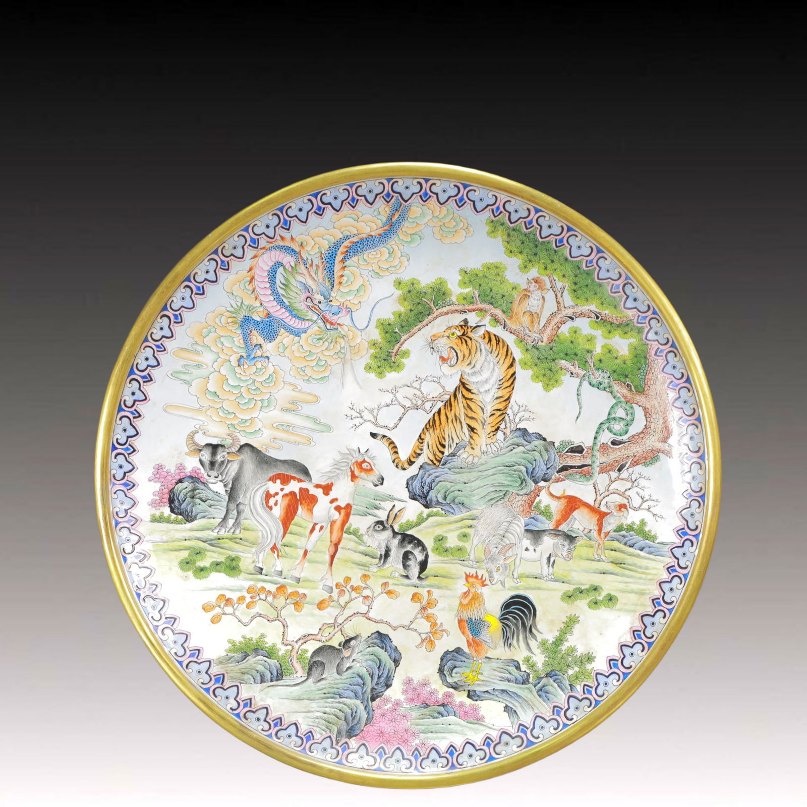 An Exquisite Painted Enamel The twelve Chinese zodiac signs Pattern Plate: An Exquisite Painted Enamel The twelve Chinese zodiac signs Pattern Plate,Qing Dynasty, China,Qianlong Six-character Mark,Size:15.2inx1.8in,Weight:1900g 