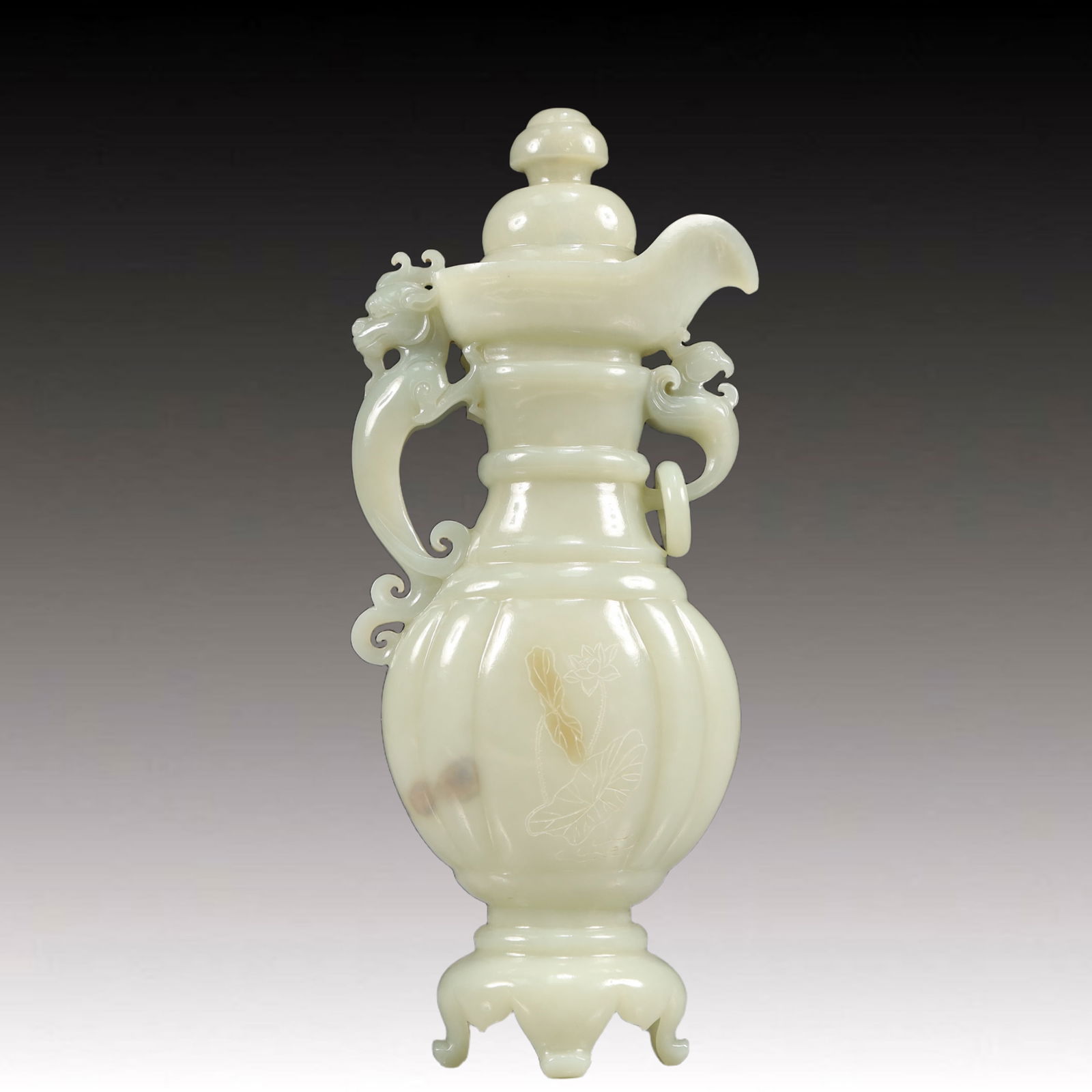 An Exquisite White Jade Lotus Pattern Dragon Phoenix Ewer: An Exquisite White Jade Lotus Pattern Dragon Phoenix Ewer,Qing Dynasty, China,Size:3.9inx2inx9.4in,Weight:400g 白玉莲花纹龙凤执壶,中国
