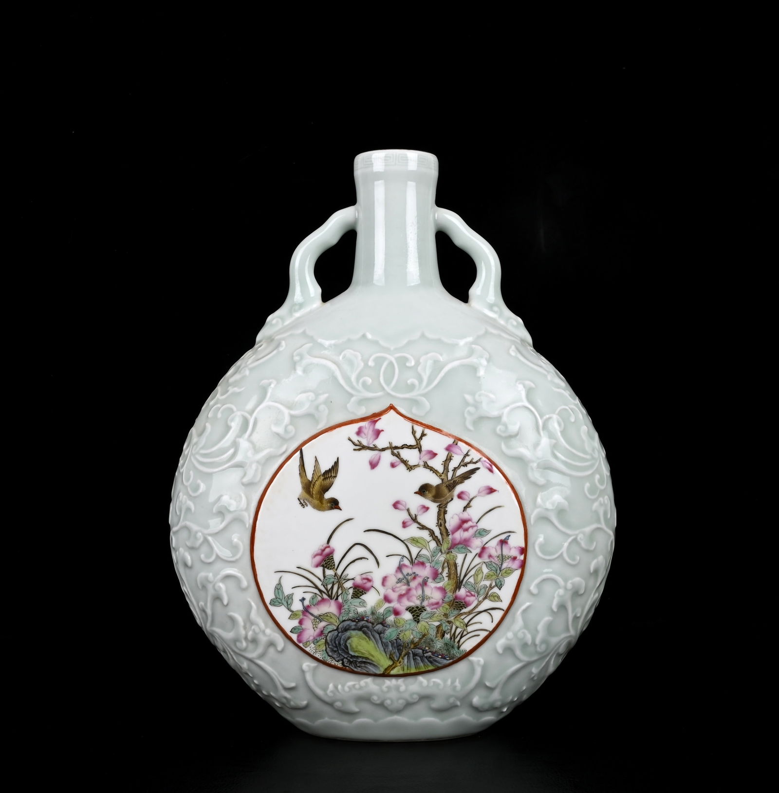 An Exquisite Celadon Glazed Flower and Bird Pattern Double-Ears Vase: An Exquisite Celadon Glazed Flower and Bird Pattern Double-Ears Vase,Qing Dynasty,China,Qianlong Four-Character Mark,Size:8.3inx8.3in 粉青釉花鸟纹双耳&#