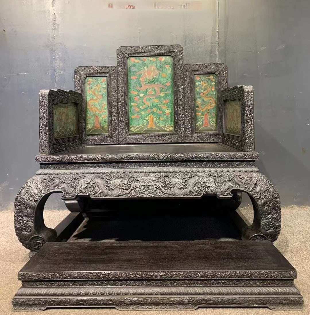 A Set of Huge Zitanwood Inlaid Jasper Auspicious Cloud and Dragon Pattern Thrones,With Poem: A Set of Huge Zitanwood Inlaid Jasper Auspicious Cloud and Dragon Pattern Thrones,With Poem,Qing Dynasty, China,Qianlong Six-character Mark,Size:(Seat Surface)41.7inx26.8inx20.5in,(Total)47.2inx32.3in