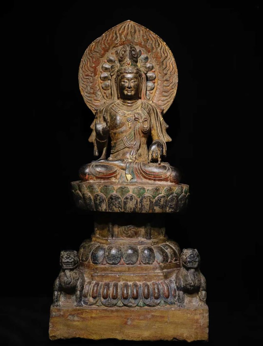 A Solemn Limestone Painted Color Statue of Avalokitesvara: A Solemn Limestone Painted Color Statue of Avalokitesvara,Tang Dynasty,China,Size:39.4inx18.1inx16.9in 青石彩绘观音像,中国唐代
