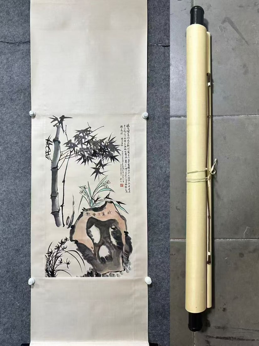 A Chinese Vertical Scroll Ink Painting of Flower on Paper: A Chinese Vertical Scroll Ink Painting of Flower on Paper,Kang Sheng,Size:19.1inx35in 一幅中国水墨花卉画立轴,康生
