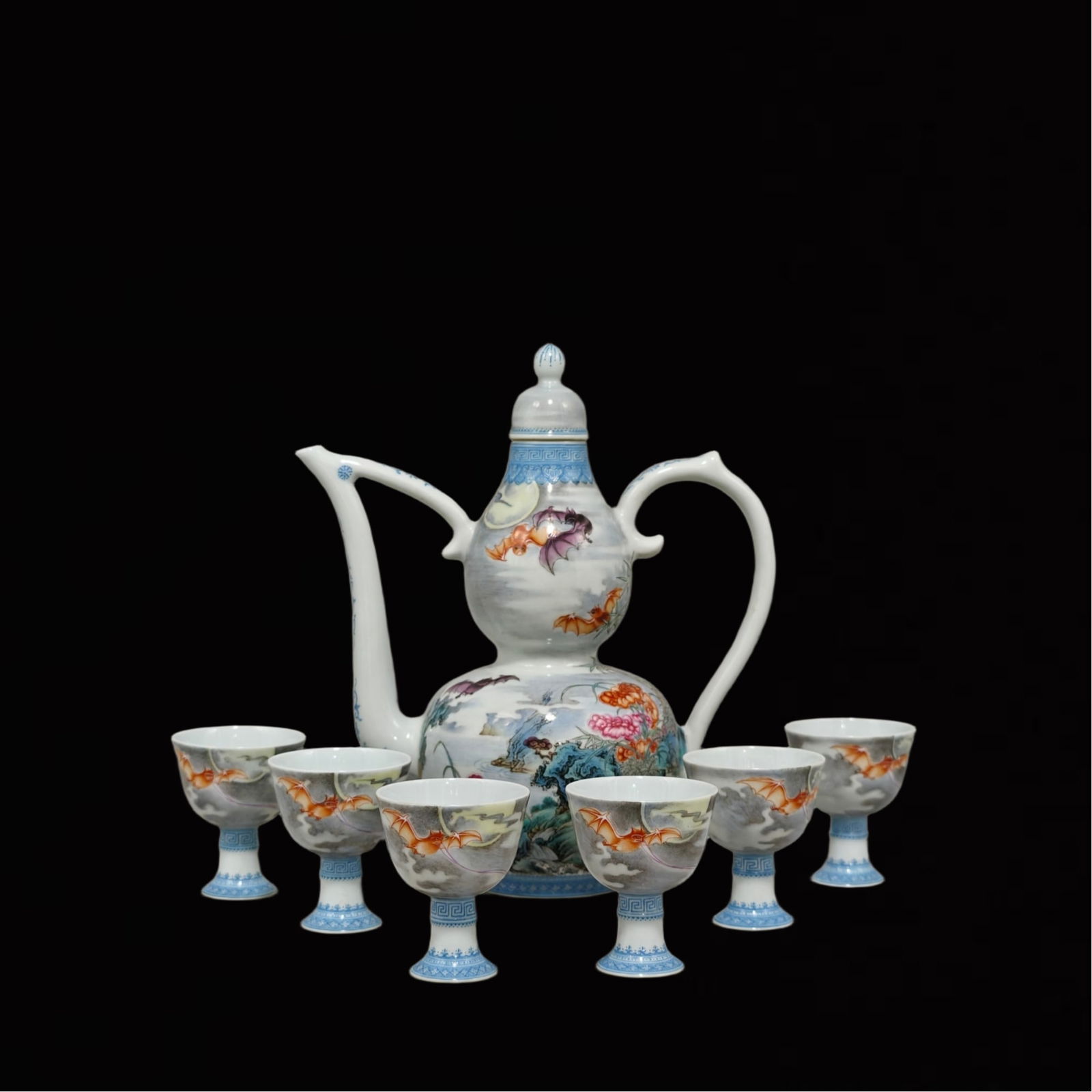 A Set of Fine Enamel Flower and Bats Pattern Ewers,with poem: A Set of Fine Enamel Flower and Bats Pattern Ewers,with poem,Qing Dynasty,China,Yongzheng Four-character Mark,Size:( Pot )7.9inx7.1in,( Cup )2.3inx1.9in 