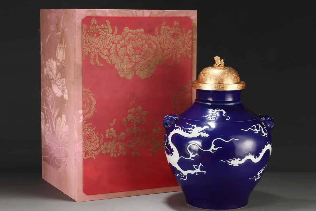 A Huge Ji Blue Glazed Dragon Pattern Beast-Ears Jar with Cover: A Huge Ji Blue Glazed Dragon Pattern Beast-Ears Jar with Cover,Yuan Dynasty,China,Size:18.1inx14in 