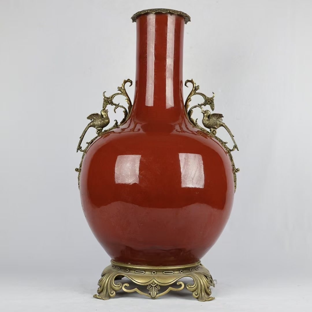 A Huge Ji Red Glazed Inlaid Bronze Bird-Ears Vase: A Huge Ji Red Glazed Inlaid Bronze Bird-Ears Vase,Qing Dynasty,China,Yongzheng Four-Character Mark,Size:26inx15.4in 