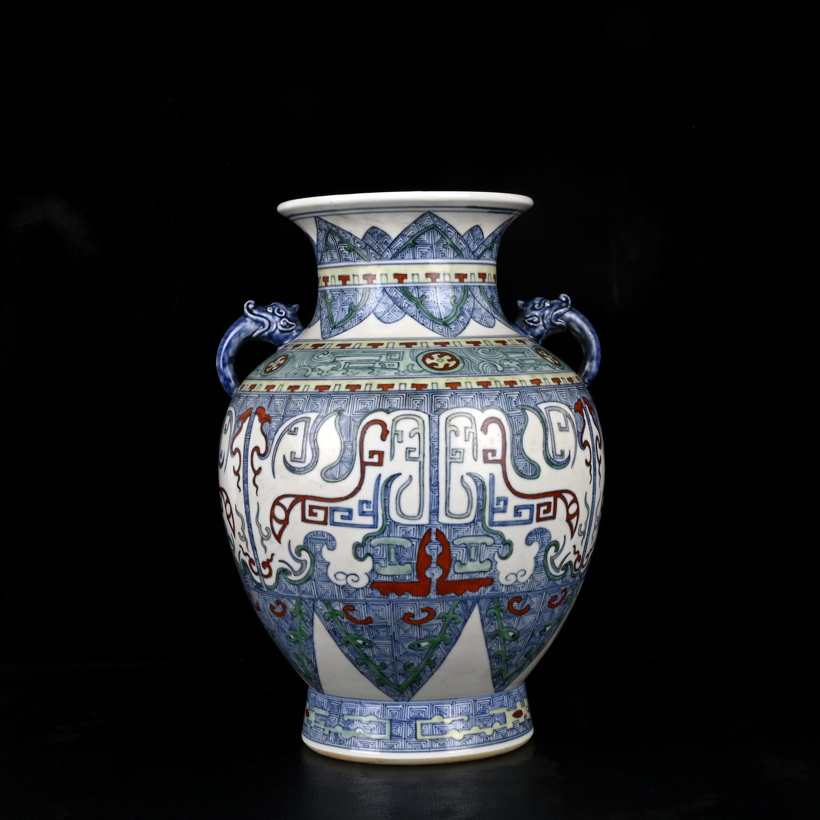 A Rare Doucai Beast-Face Pattern Beast-Ears Vase: A Rare Doucai Beast-Face Pattern Beast-Ears Vase,Qing Dynasty,China,Kangxi Six-Character Mark,Size:12.6inx9.1in 斗彩兽面纹兽耳瓶,中国清