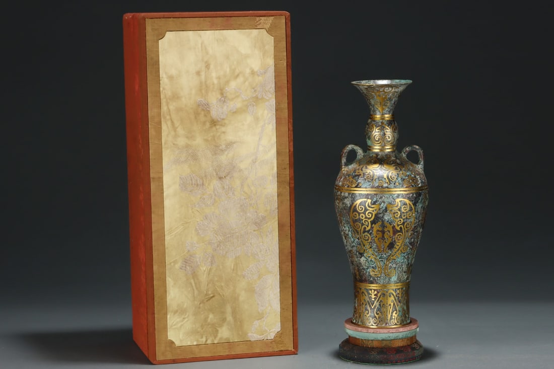 An Exquisite Bronze Inlaid Gold Fish Pattern Double-Ears Vase,with Inscription: An Exquisite Bronze Inlaid Gold Fish Pattern Double-Ears Vase,with Inscription,Size:12.2inx4.7in,Qing Dynasty,China 