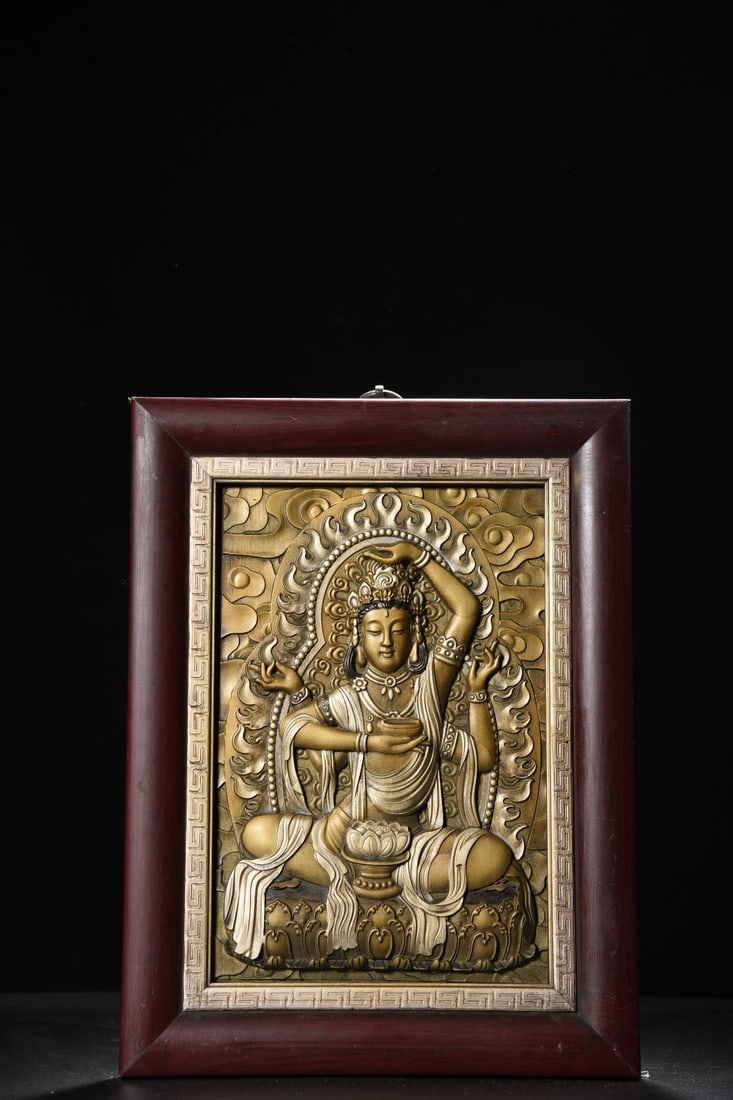 A Solemn Tanwood Inlaid Bronze Painted Color Statue of Four-Arms Avalokitesvara: A Solemn Tanwood Inlaid Bronze Painted Color Statue of Four-Arms Avalokitesvara,Qing Dynasty,China,Size:13inx9.8inx0.8in,Weight:850g 檀木嵌铜彩绘四臂
