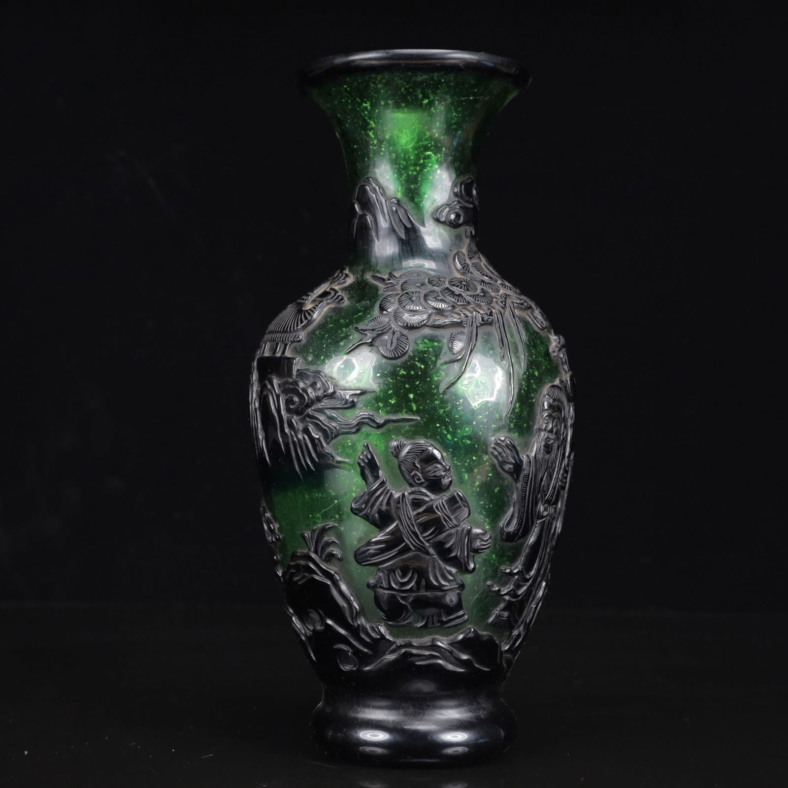 An Exquisite Glass Landscape and Figure Pattern Vase: An Exquisite Glass Landscape and Figure Pattern Vase,Qing Dynasty, China,Qianlong Four-character Mark,Size:4.7inx10.6in, Weight:1450g 琉璃人物山水纹瓶,&