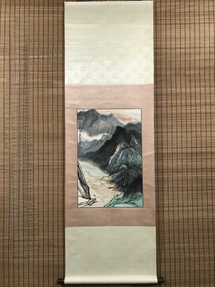 A Chinese Vertical Scroll Ink Painting of Landscape on Paper: A Chinese Vertical Scroll Ink Painting of Landscape on Paper,He Haixia,Size:17.7inx26.8in 一幅中国水墨山水画立轴,何海Ƃ
