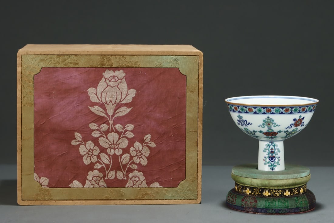 An Exquisite Doucai Eight Treasures Pattern Stem Cup: An Exquisite Doucai Eight Treasures Pattern Stem Cup,Qing Dynasty,China,Yongzheng Six-character Mark,Size:3.8inx4.8in 斗彩八宝纹高足杯,中国&