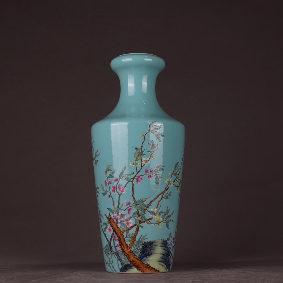 An Exquisite Turquoise Glazed Famille-Rose Flower Pattern Vase,with poem: An Exquisite Turquoise Glazed Famille-Rose Flower Pattern Vase,with poem,Qing Dynasty,China,Yongzheng Six-character Mark,Size:13inx5.7in 松石绿釉粉彩花卉