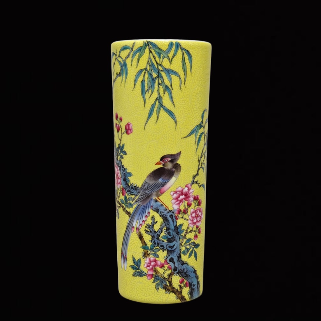 An Exquisite Yellow Ground Enamel Flower and Bird Pattern Incense Tube,with poem: An Exquisite Yellow Ground Enamel Flower and Bird Pattern Incense Tube,with poem,Qing Dynasty,China,Yongzheng Four-character Mark,Size:6inx2.3in 