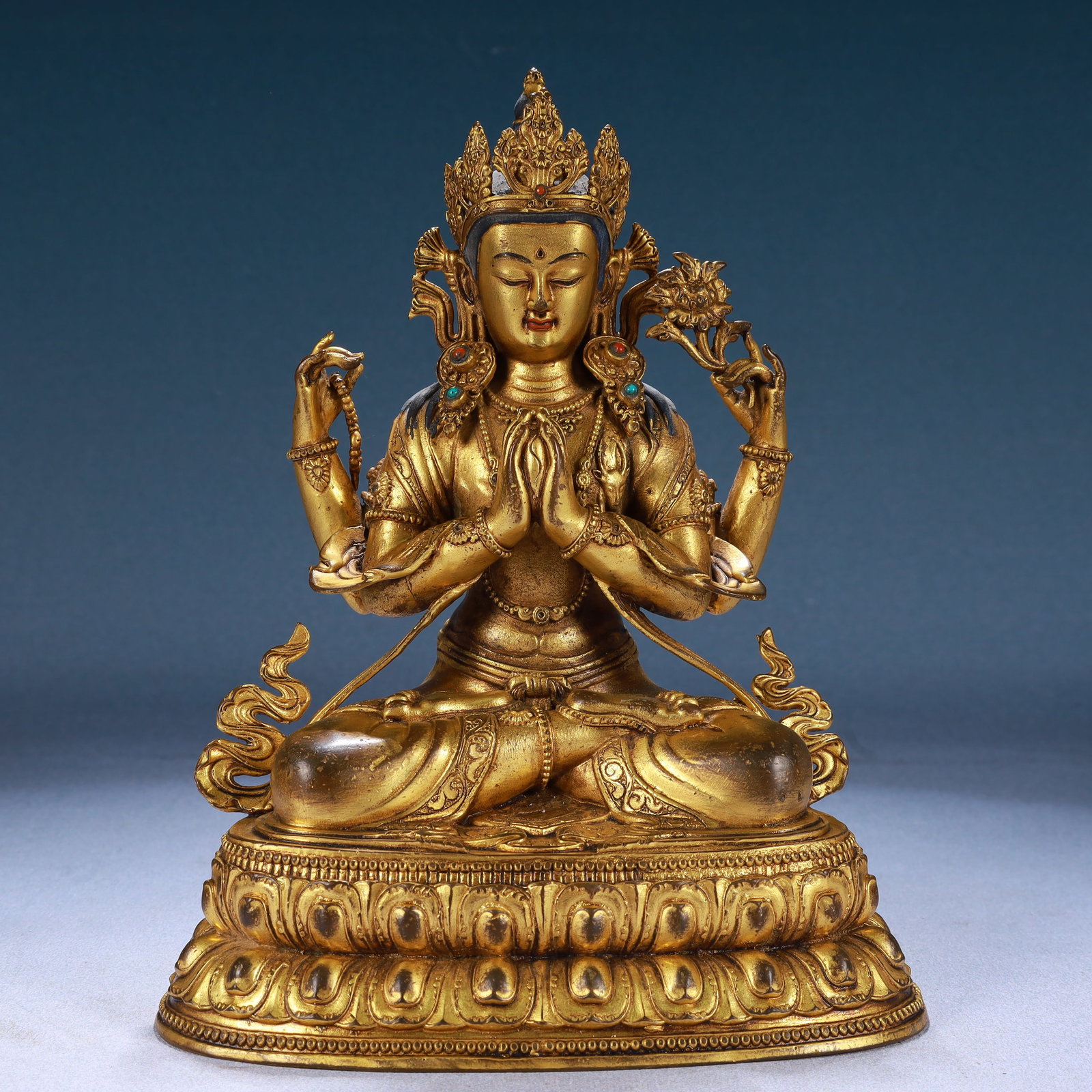 A Solemn Gilt Bronze Four-arms Statue of Avalokitesvara,Inlaid Gems (1 of 10)
