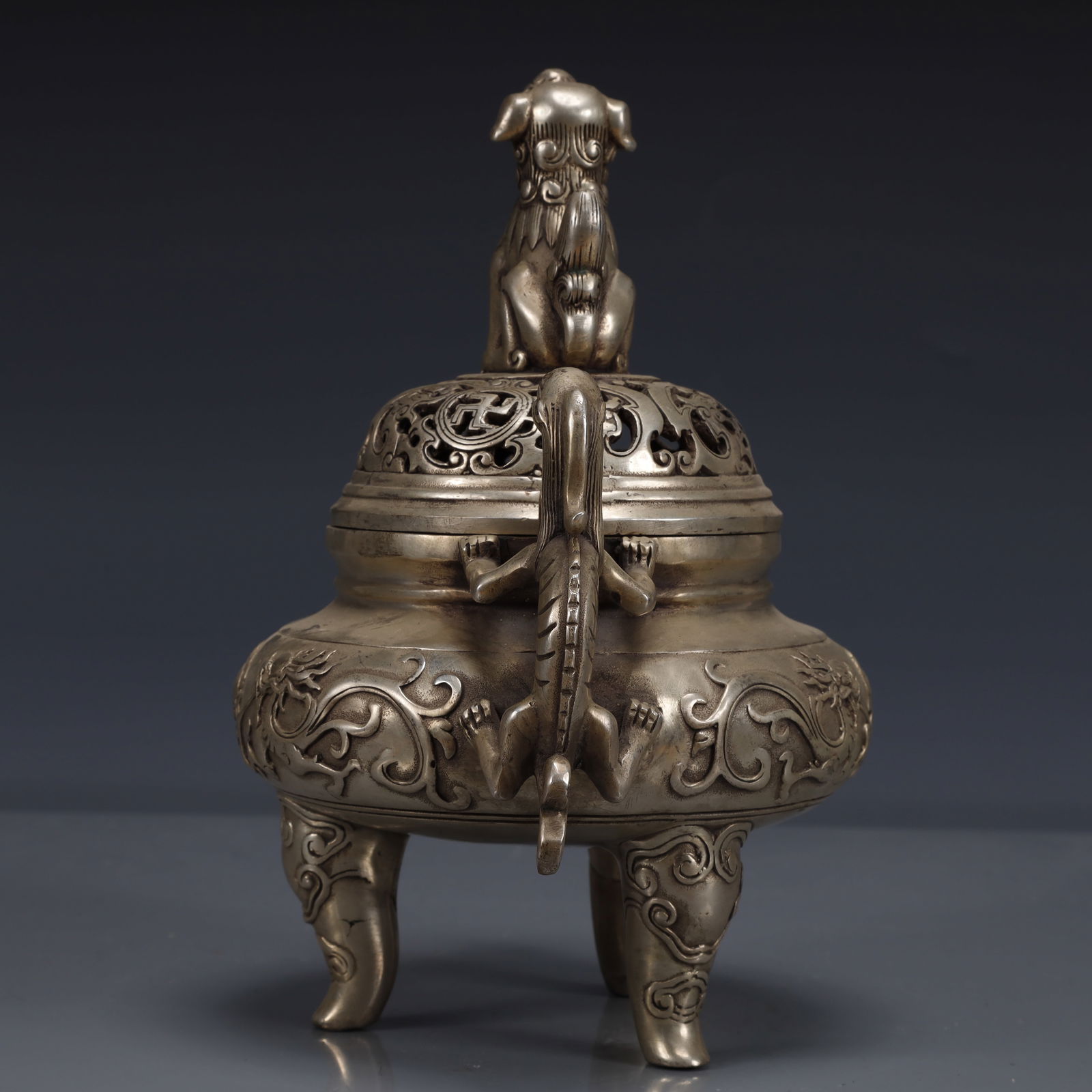 An Exquisite Silver-plated Dragon Pattern Double-Ears and Tripod Censer - 10