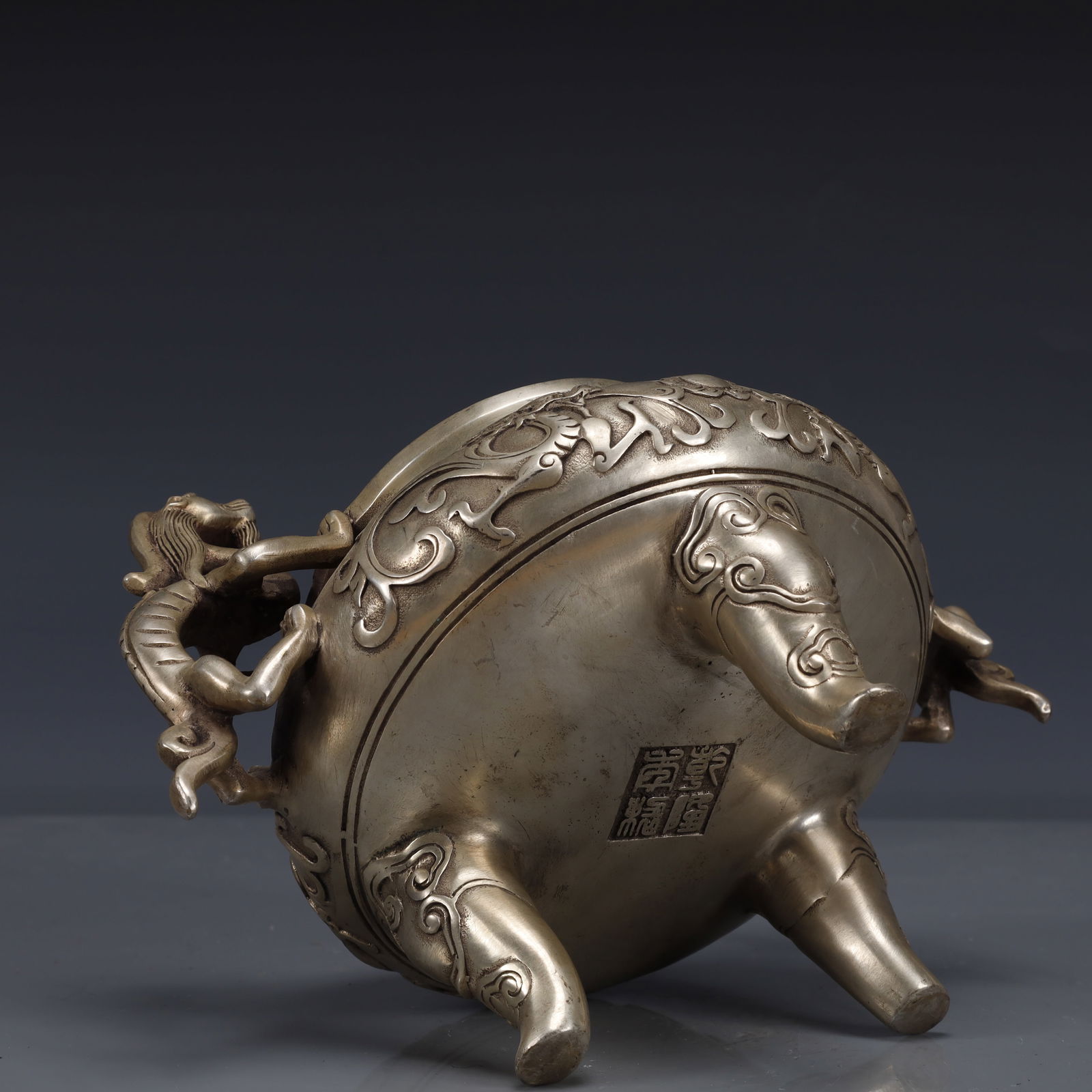 An Exquisite Silver-plated Dragon Pattern Double-Ears and Tripod Censer - 13