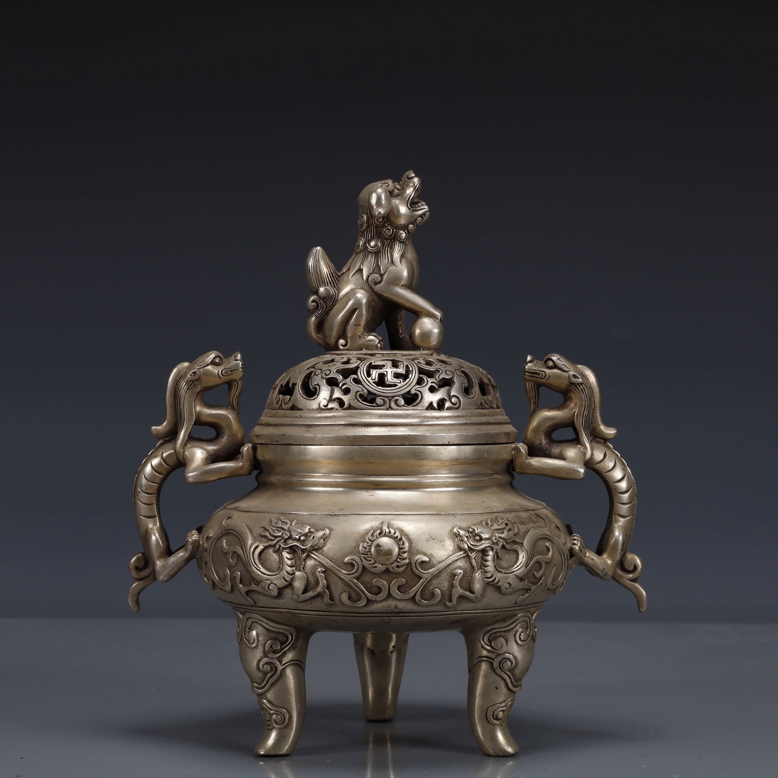 An Exquisite Silver-plated Dragon Pattern Double-Ears and Tripod Censer (1 of 13)