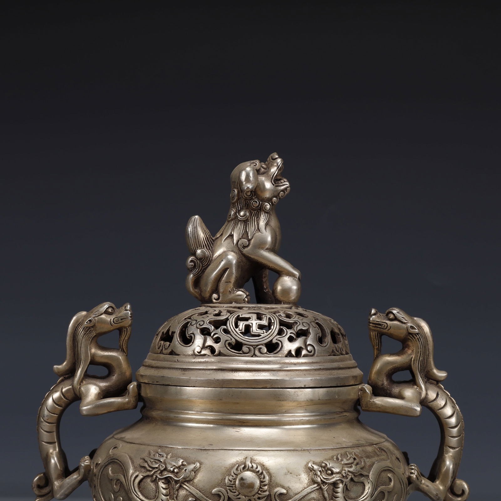 An Exquisite Silver-plated Dragon Pattern Double-Ears and Tripod Censer - 2