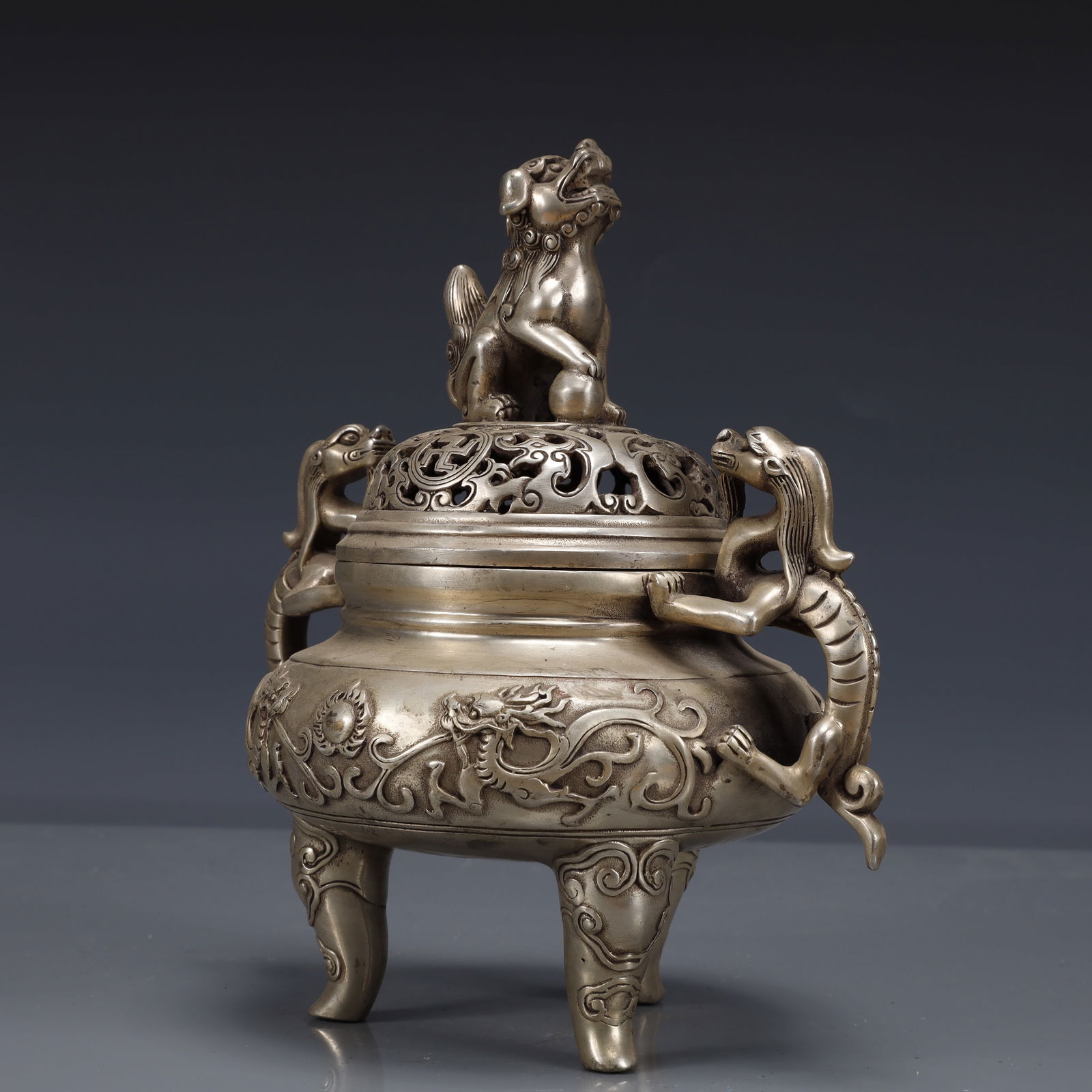 An Exquisite Silver-plated Dragon Pattern Double-Ears and Tripod Censer - 4