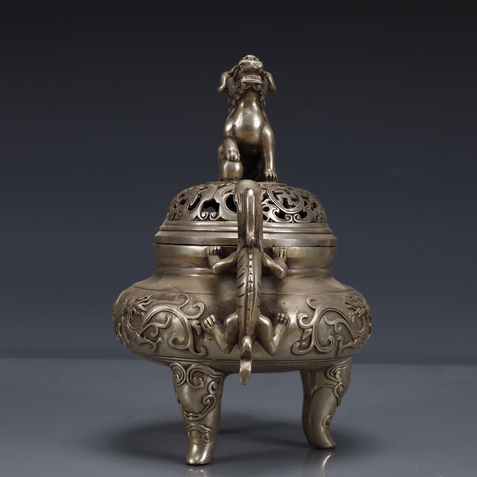 An Exquisite Silver-plated Dragon Pattern Double-Ears and Tripod Censer - 5