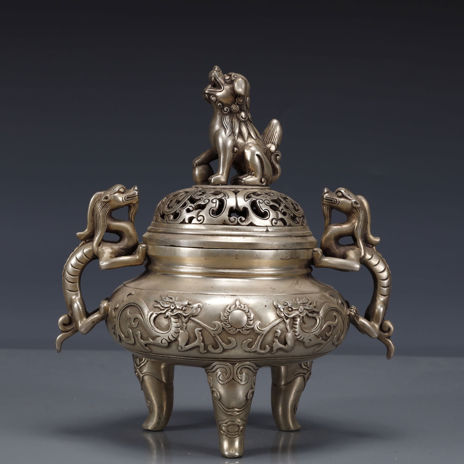 An Exquisite Silver-plated Dragon Pattern Double-Ears and Tripod Censer - 7