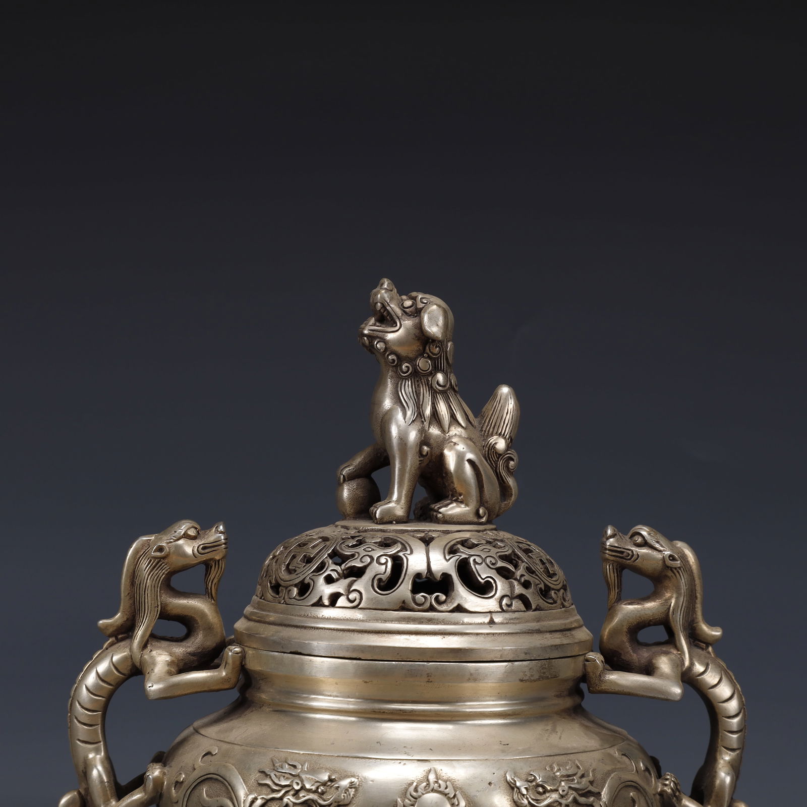 An Exquisite Silver-plated Dragon Pattern Double-Ears and Tripod Censer - 8