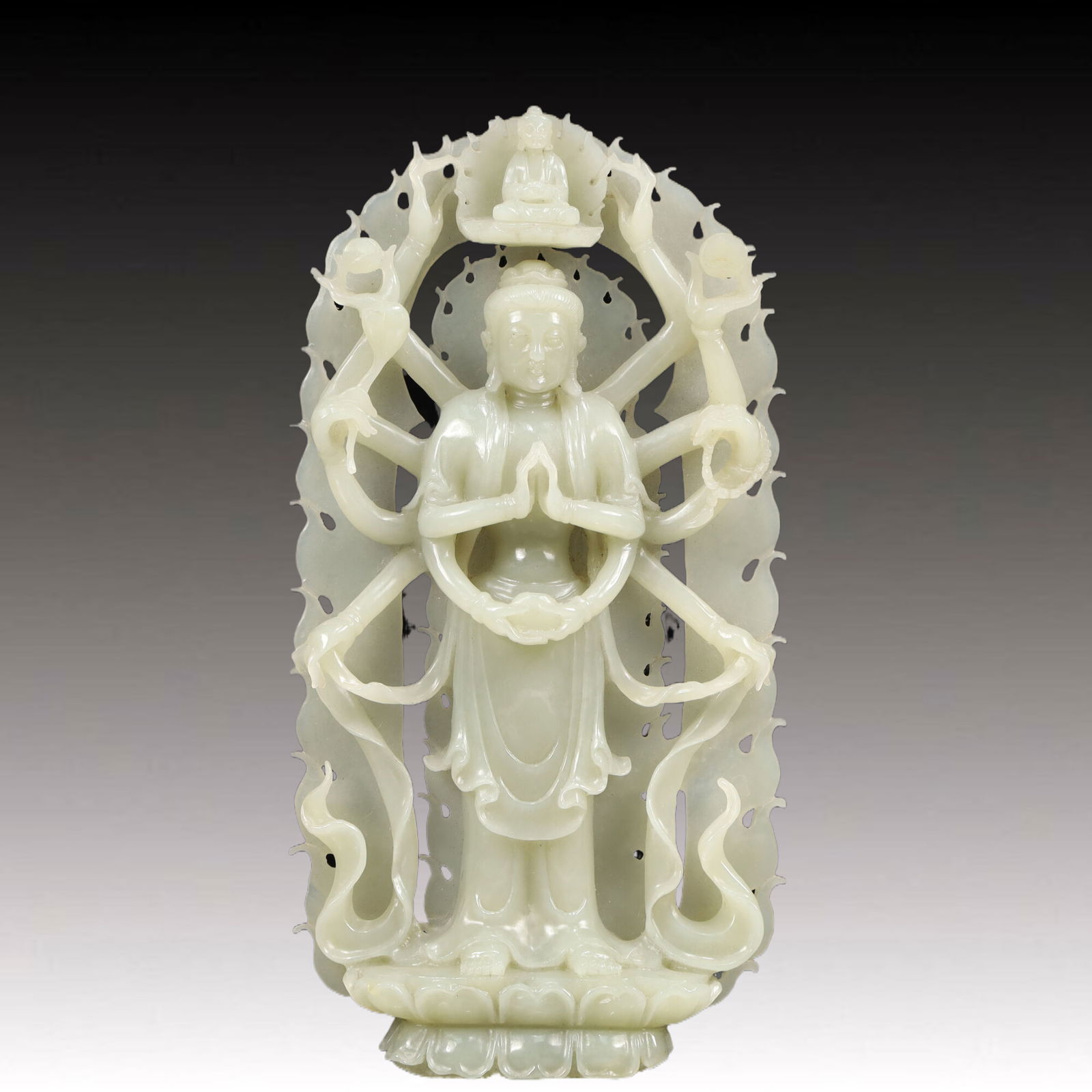 An Exquisite Greenish Jade Statue of Eight-Armed Guanyin: An Exquisite Greenish Jade Statue of Eight-Armed Guanyin, Qing Dynasty, China,Size:4.7inx1.2inx9.1in,Weight:600g 青玉八臂观音像,