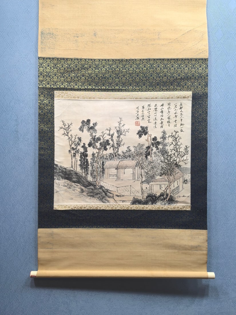A Chinese Vertical Scroll Ink Painting of Landscape on Paper: A Chinese Vertical Scroll Ink Painting of Landscape on Paper,Dong Qichang,Size:23.2inx18in 