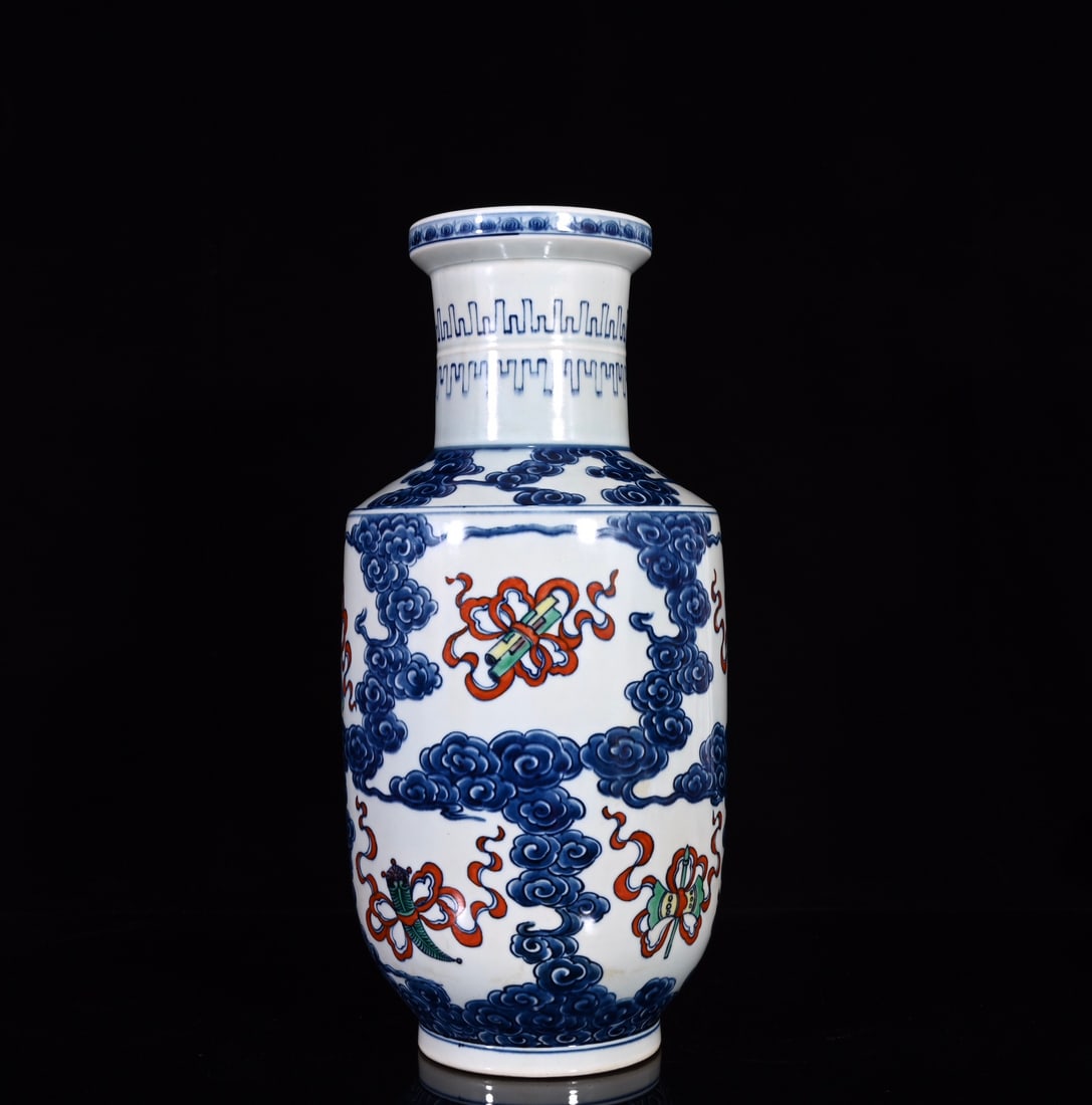 A Rare Blue and White Famille-Rose Eight Treasures Pattern Vase: A Rare Blue and White Famille-Rose Eight Treasures Pattern Vase,Qing Dynasty,China,with Mark,Size:15.6inx7.1in 