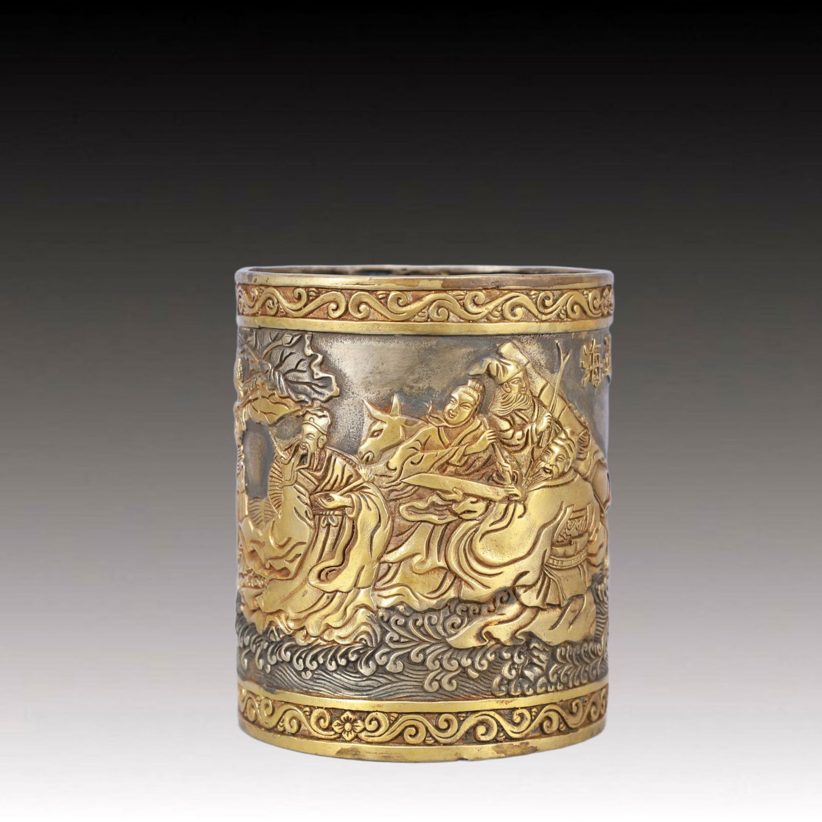 A Rare Gilt Silver Character and Story Pattern Brush Pot: A Rare Gilt Silver Character and Story Pattern Brush Pot,Qing Dynasty, China,Qianlong Four-character Mark,Size:4.1inx5.1in,Weight:800g 