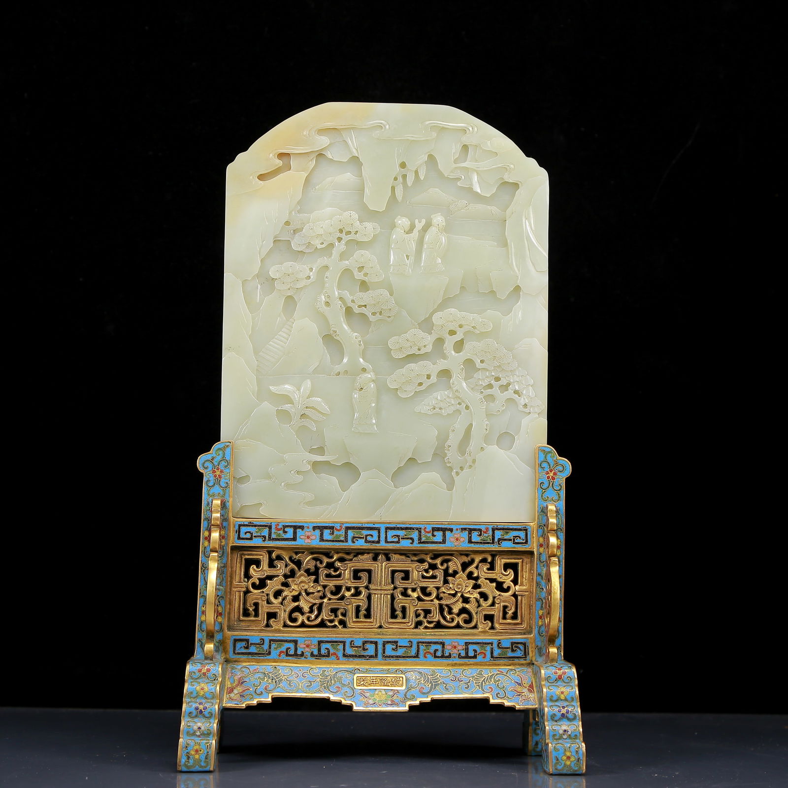 A Rare White Jade Landscape and Figure Pattern Table Screen with Cloisonne Base: A Rare White Jade Landscape and Figure Pattern Table Screen with Cloisonne Base,Qing Dynasty, China, Qianlong Four-character Mark,Size:8.5inx5.1inx14.6in,Weight:3710g 