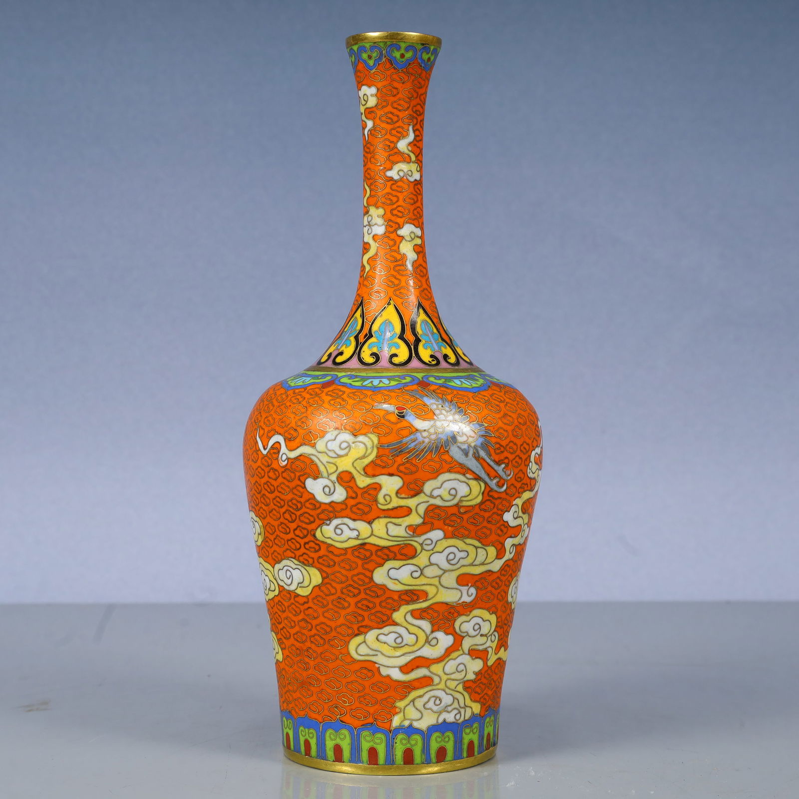 An Exquisite Cloisonne Auspicious Cloud and Crane Pattern Vase: An Exquisite Cloisonne Auspicious Cloud and Crane Pattern Vase,Qing Dynasty, China,Qianlong Four-character Mark,Size:3.9inx10.6in,Weight:1750g 
