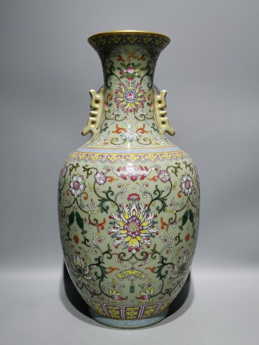 An Exquisite Celadon Glazed Enamel Painted Gold Lotus Pattern Double-Ears Vase (1 of 8)