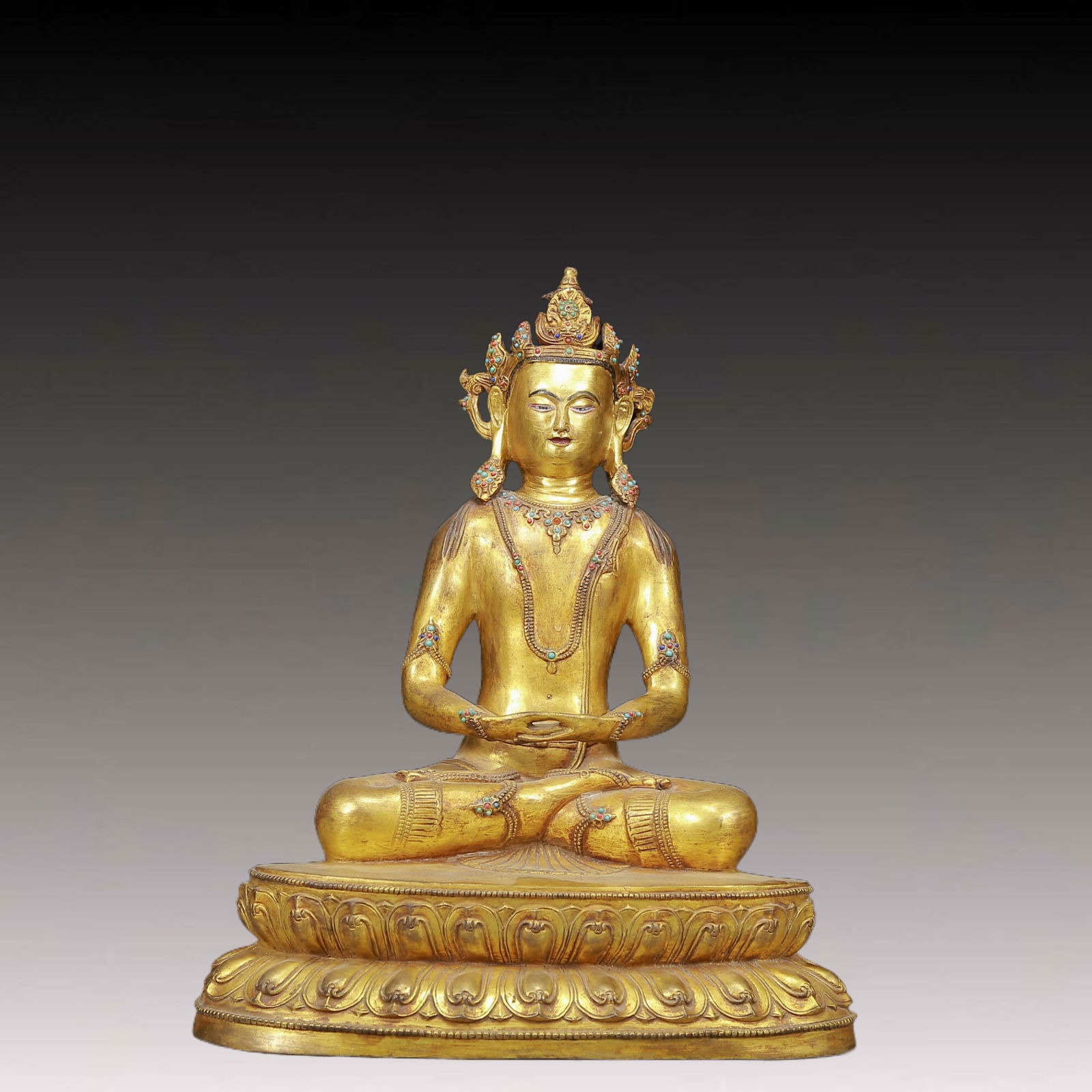 A Solemn Gilt Bronze Inlaid Turquoise Statue of Sakyamuni (1 of 12)
