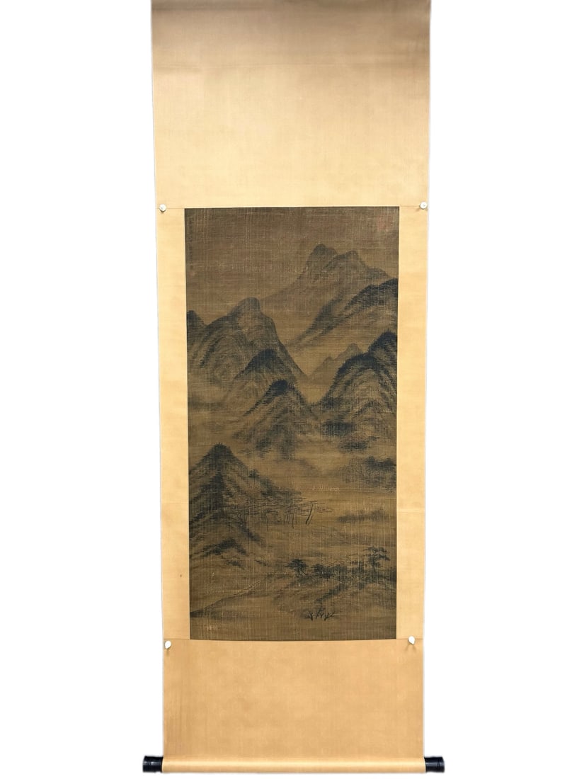 A Chinese Vertical Scroll Ink Painting of Landscape on Silk: A Chinese Vertical Scroll Ink Painting of Landscape on Silk,Mo Shilong,Size:27.2inx55.1in 