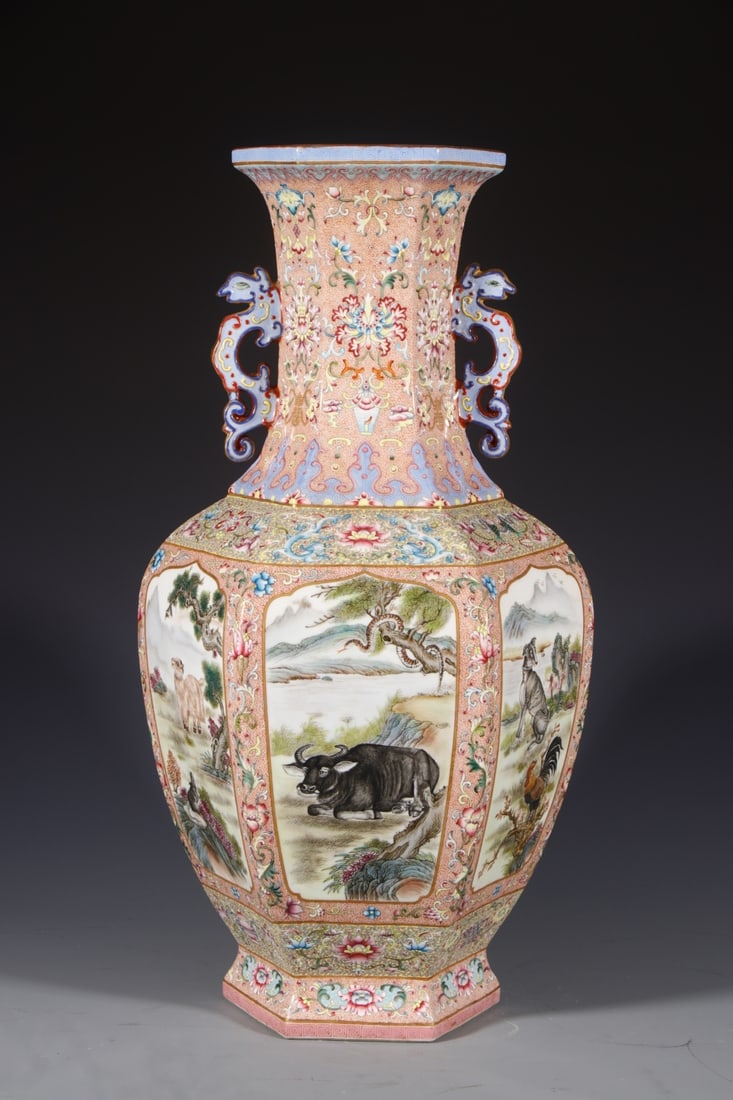 An Exquisite Enamel Animal Pattern Double-Ears Vase: An Exquisite Enamel Animal Pattern Double-Ears Vase,Qing Dynasty,China,Qianlong Four-character Mark,Size:20.1inx45.9in 珐琅彩动物纹双耳瓶,中